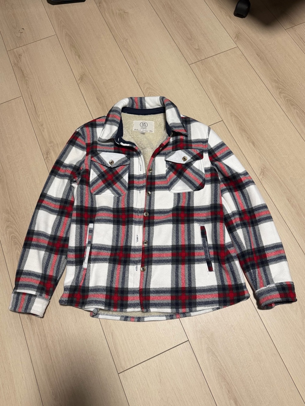 Plaid Teddy-Lined fleece Shacket Jacket in White, Red & Navy Blue